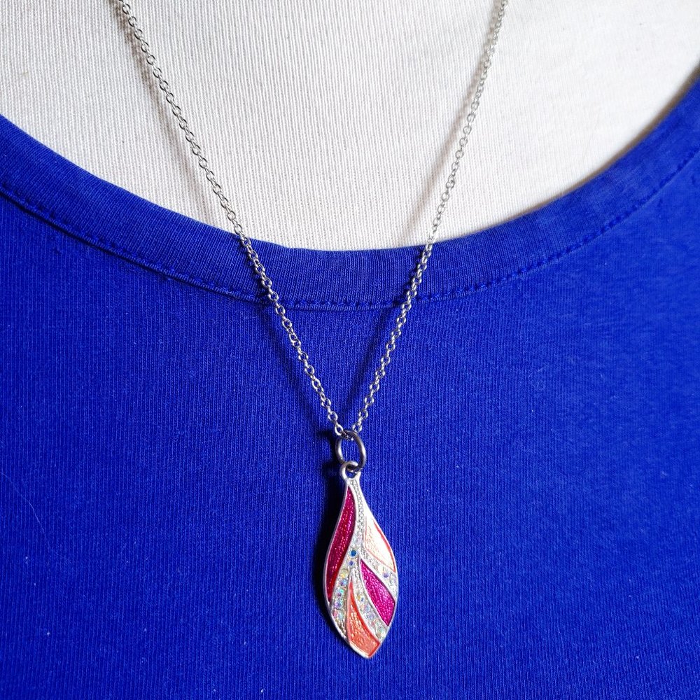 19" Silver Tone Pink Cloisonne Teardrop Necklace